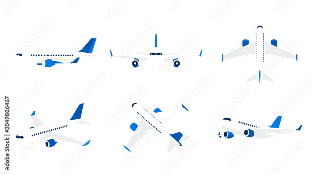 Obraz premium Passenger airplane set in multiple views on white background