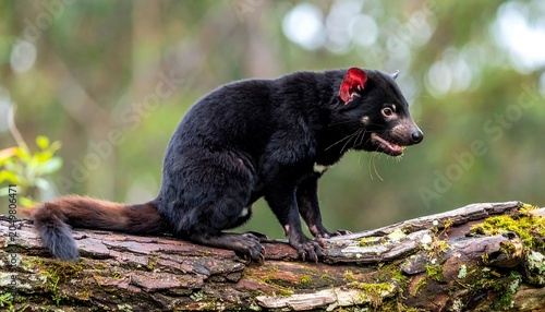 A black animal with a bushy tail sits on a mossy log