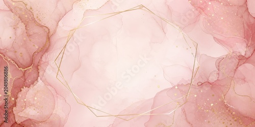 Soft, abstract background featuring flowing pink and gold watercolor textures with a geometric frame for text and design elements.