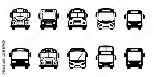 Foto Bus icon set solid black school bus double decker coach city transit front view
