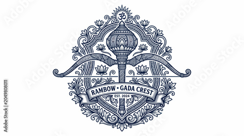 Foto Indian Mythology Emblem: Bow, Arrow, Gada, Om Symbol, Lotus Flowers