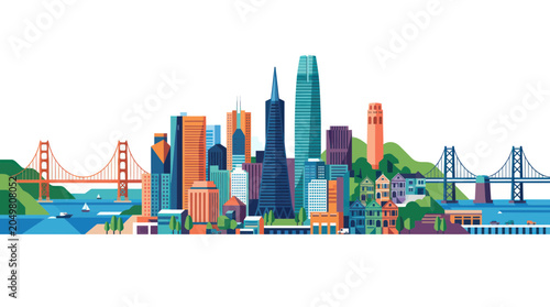 Cuadro en lienzo San Francisco Skyline Illustration with Bridges and Hills