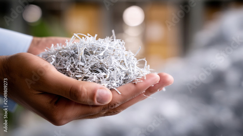 Hand holding shredded paper for recycling in waste management facility, document destruction and paper recycling concept, secure data disposal, office waste, sustainability, confid