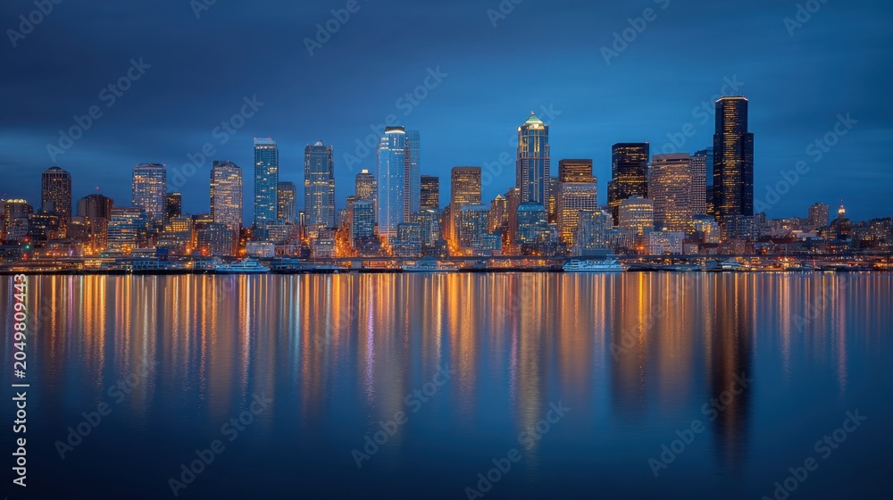 Fototapeta premium Stunning city skyline at dusk reflecting on water with illuminated buildings