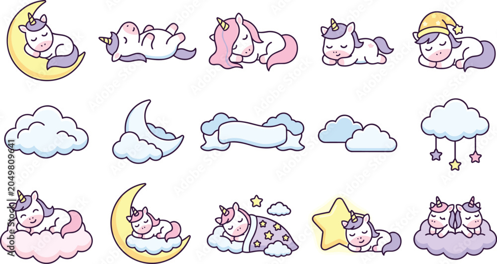 Naklejka premium Cute Sleeping Unicorn and Cloud Collection Featuring Pastel Fantasy Characters, Moon Dreams, Star Pillows, and Kawaii Nursery Elements