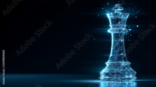 Blue digital chess king on black background, futuristic strategy and leadership symbol, business planning, artificial intelligence, cybersecurity, competition, power, decision maki