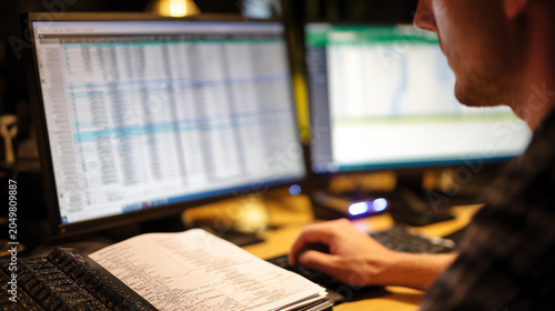 Over the shoulder view of a man analyzing financial spreadsheets on dual computer monitors beside a paper ledger during a late night work session