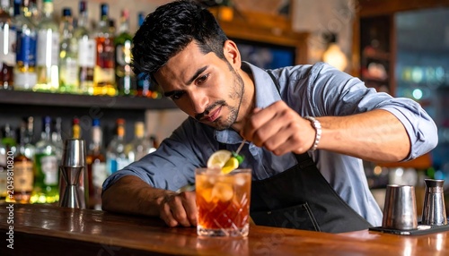 A bartender with dark hair and a blue shirt prepares a cocktail