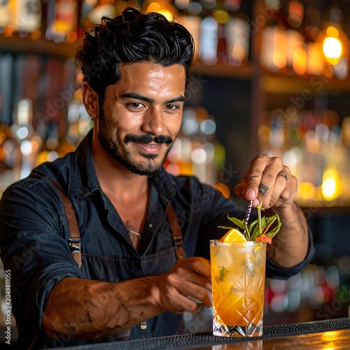 A bartender with dark hair and a mustache garnishes a yellow cocktail with a green herb