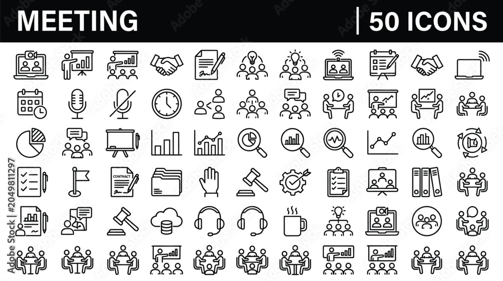 Fototapeta premium Fifty professional meeting and business conference line icons featuring diverse corporate elements like charts handshake documents and team collaboration symbols displayed in a clean organized grid pa