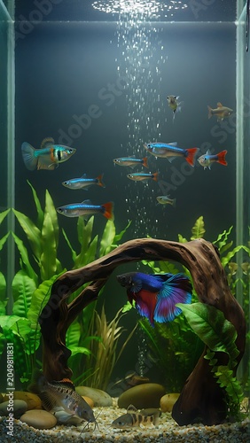 Colorful Fish Swimming in a Planted Aquarium.