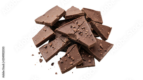 Schilderij op canvas Broken dark chocolate pieces with crumbs on transparent background