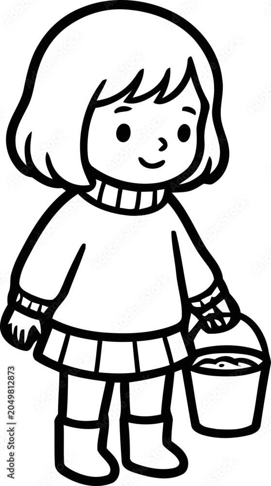 Fototapeta premium Cute cartoon girl in sweater holding bucket, outline illustration