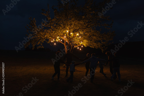 Group of people dancing around illuminated tree at night