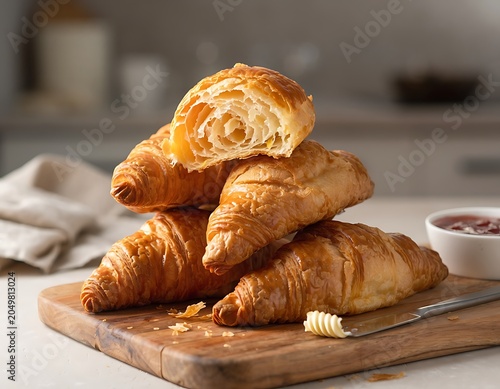 Freshly Baked Croissants on Wooden Board.