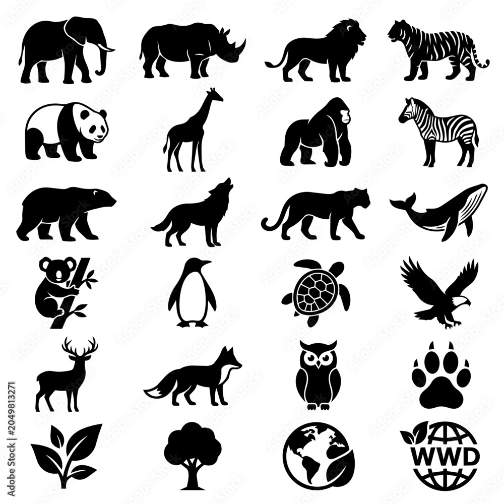 Fototapeta premium Set of Wild Animal Silhouettes and Nature Icons