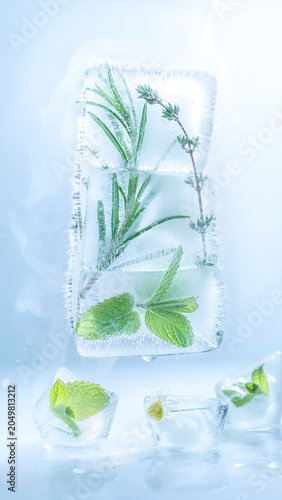 Frozen herbs and leaves in ice cubes on light blue background.