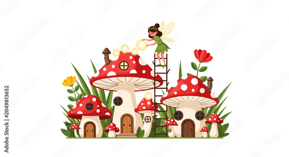 Fototapeta premium Whimsical fairy village with mushroom homes, a fairy decorates lights