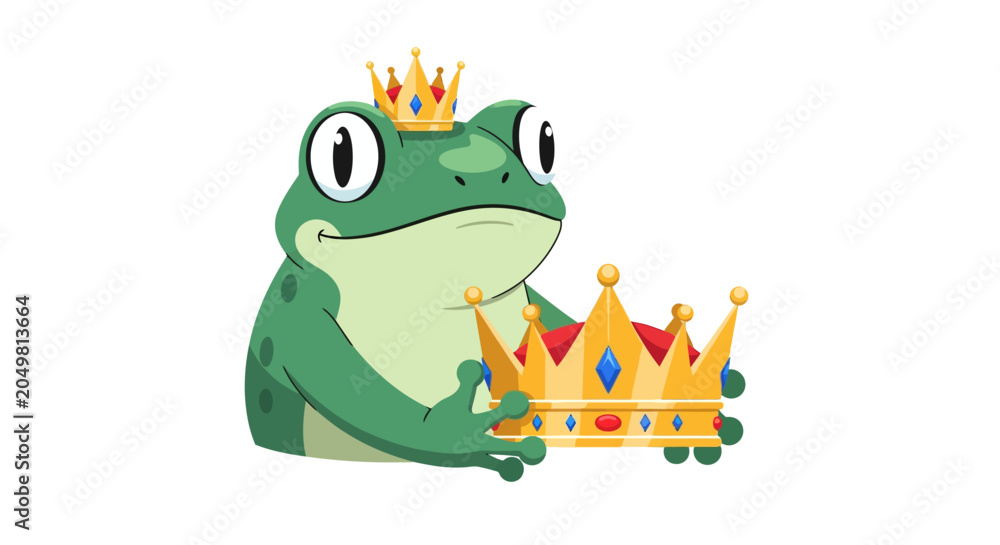 Fototapeta premium Whimsical Frog King Holding a Royal Crown, Cute Amphibian Character