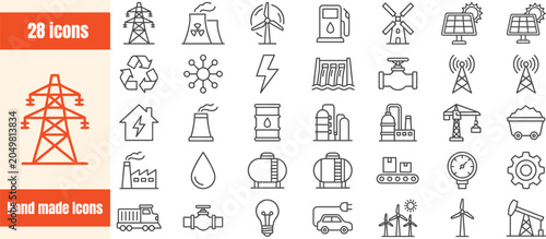 Fotografie Diverse Energy Industry Icons Collection With Renewable And Fossil Fuel Sources