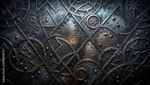 Intricate Metal Surface with Abstract Patterns and Symbols.