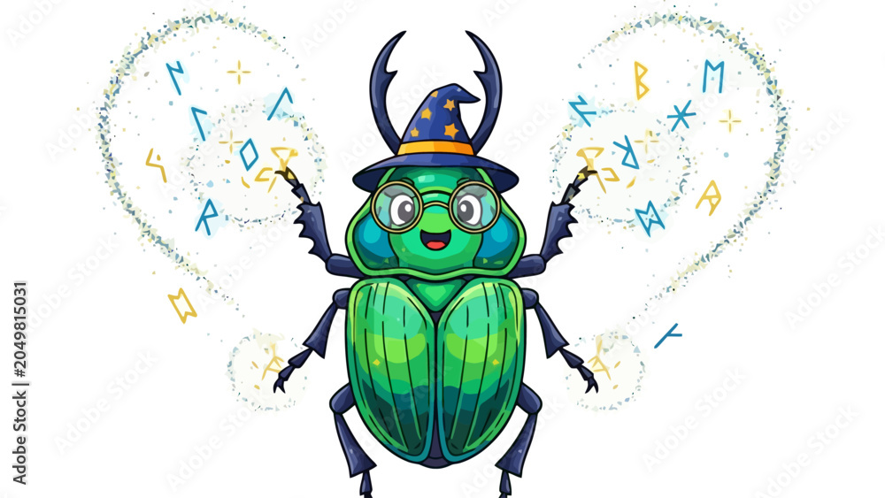 Obraz premium Funny Cartoon Beetle Wizard with Magic Spell and Runes