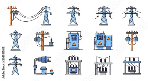 A comprehensive collection of 20 colorful line icons depicting electrical infrastructure, power line transmission towers, substations, transformers, and distribution panels.