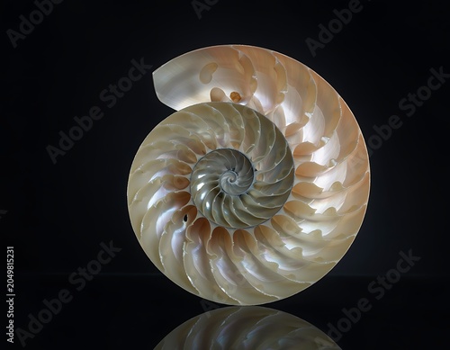 Spiral pattern of a nautilus shell on black background.