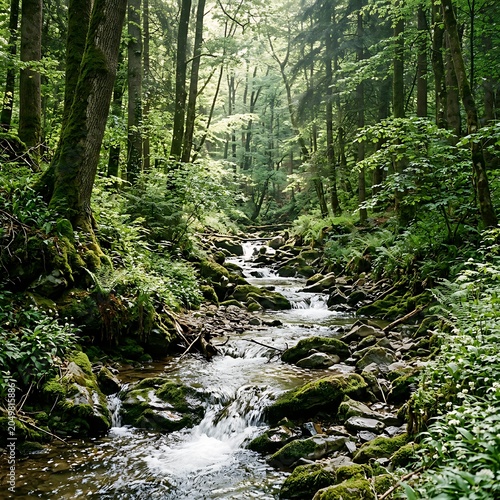 Tranquil Forest Stream with Sunlight and Greenery.