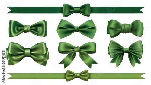 Realistic green bow tie collection with different ribbon styles isolated on white background.