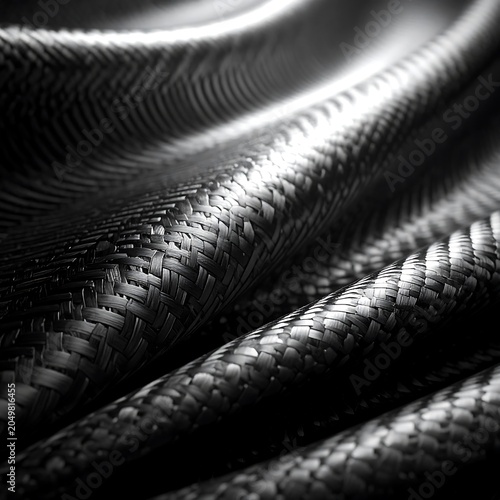 A black and white close-up of a woven material with a shiny, textured surface