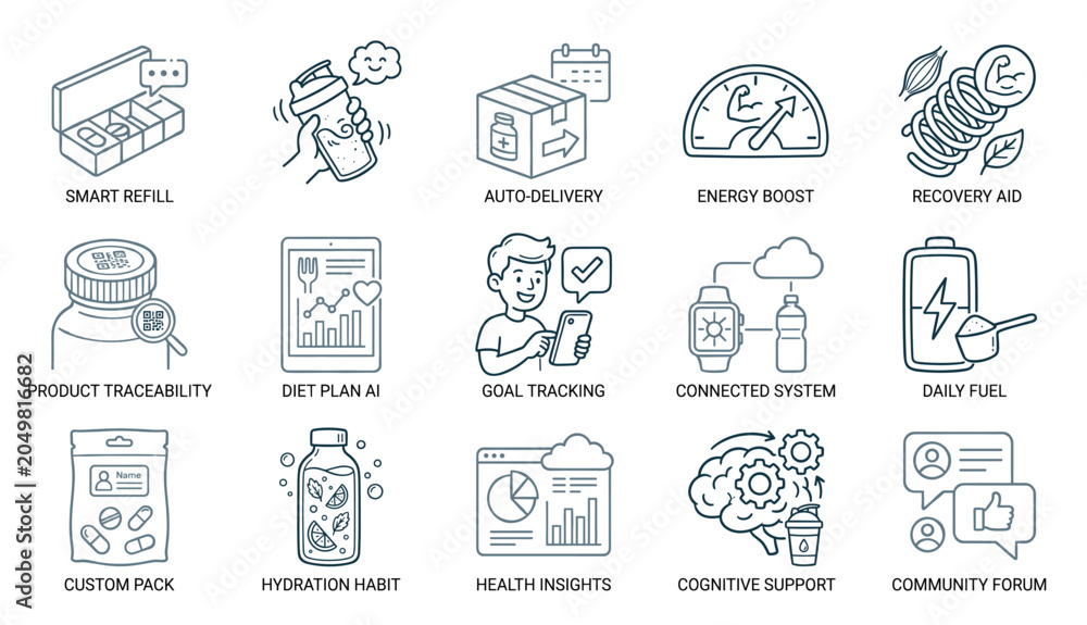 Fototapeta premium Set of health, fitness, and nutrition icons in a minimalist line art style, illustrating concepts like smart refill, diet plan AI, goal tracking, cognitive support, and product traceability