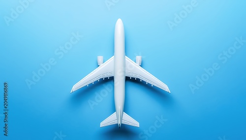 White Airplane Model on Blue Background Top View.