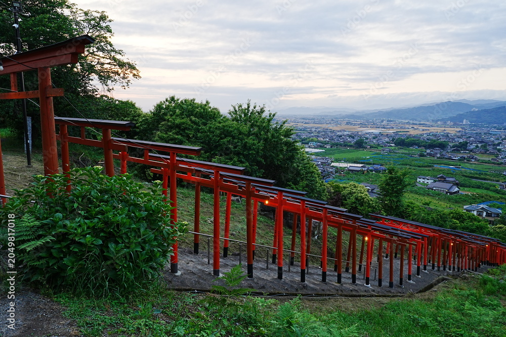 Fototapeta premium Ukiha Inari Shrine Scenic Landscape with Red Torii Gates in Fukuoka, Japan
