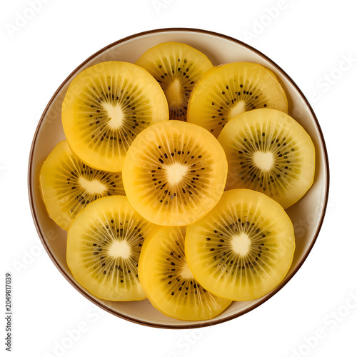 Freshly sliced golden kiwi fruit on a ceramic plate