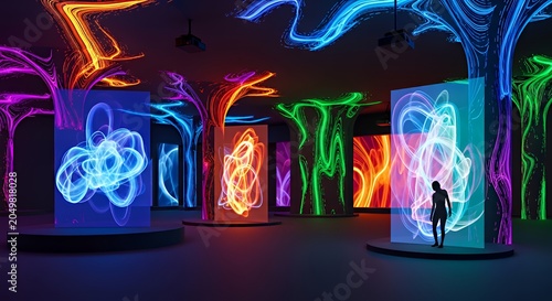 Interactive Light Art Installation with Neon Colors and Digital Displays in Modern Museum Setting