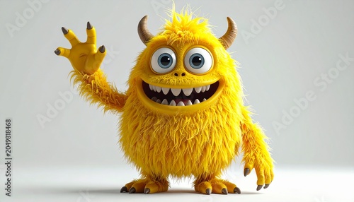 Cute bright yellow furry monster with horns and large eyes waving hello isolated on white background