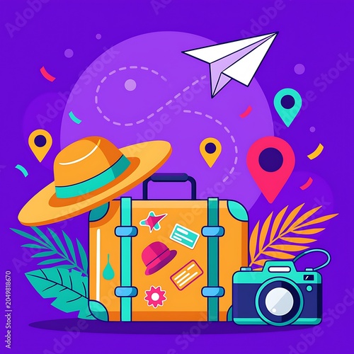 Travel and vacation concept with suitcase and accessories.