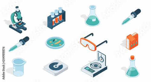 Collection of isometric science laboratory equipment icons, including microscope, test tubes, flasks, beakers, and safety goggles.