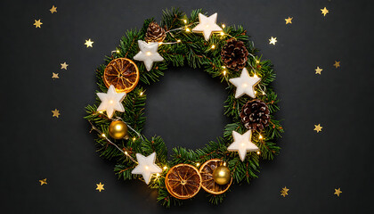 Decorated christmas wreath with dried oranges, pinecones, white stars, golden baubles and fairy lights on dark background, festive holiday decoration, seasonal celebration