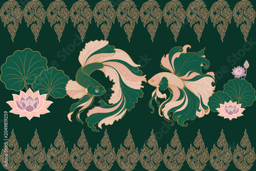 Luxury Thai betta fish and lotus floral vector illustration featuring elegant Siamese fighting fish, lotus flowers and Thai ornamental motifs in premium textile style.