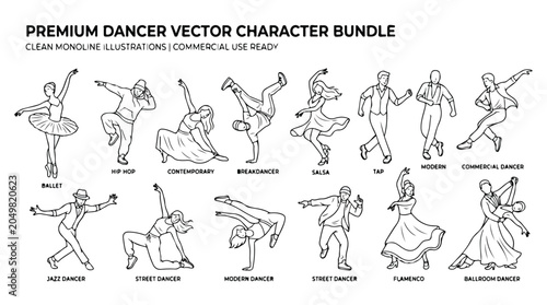 Photography Premium dancer vector character bundle, clean monoline illustrations of ballet a
