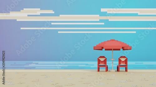 Pixel beach scene with red chairs and umbrella under a gradient sky