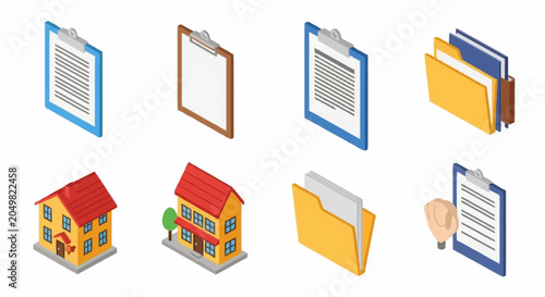 Collection of isometric icons representing documents, folders, houses, and a lightbulb for business and office concepts.