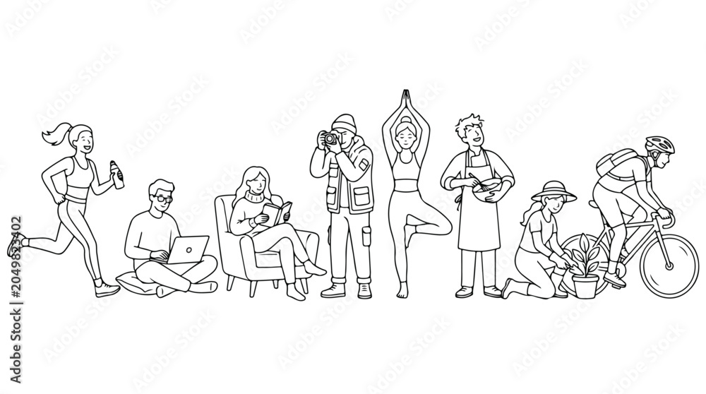 Obraz premium Minimalist line art people collection, diverse characters engaged in lifestyle hobbies and daily activities, black and white vector set