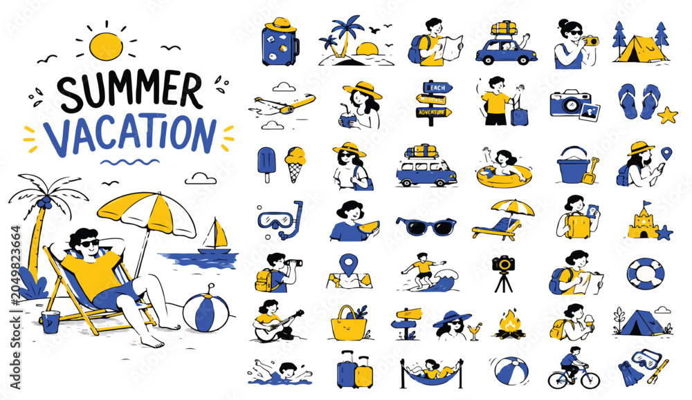 Fototapeta premium Summer vacation doodle icon set, hand drawn travel and beach holiday elements, blue and yellow tourism vector illustrations for seasonal branding