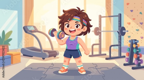 Cute Cartoon Girl Lifting Dumbbell in Gym, Fitness Workout Concept