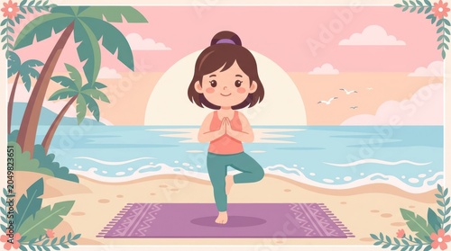Woman Doing Yoga Tree Pose on Beach at Sunrise, Healthy Lifestyle