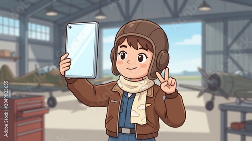 Cute Aviator Kid Taking Selfie with Tablet in Hangar with Airplanes