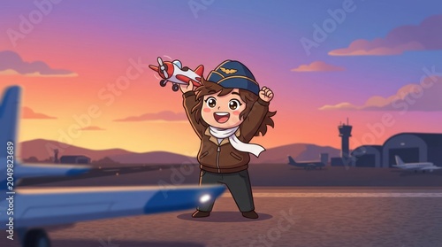 Cute Pilot Kid Holding Toy Plane at Airport Sunset